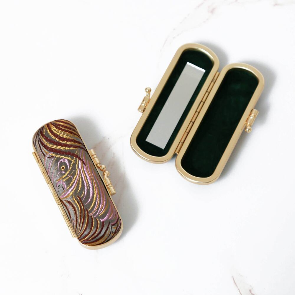 Peacock Pattern Mirrored Lipstick Case | Gray/Pink
